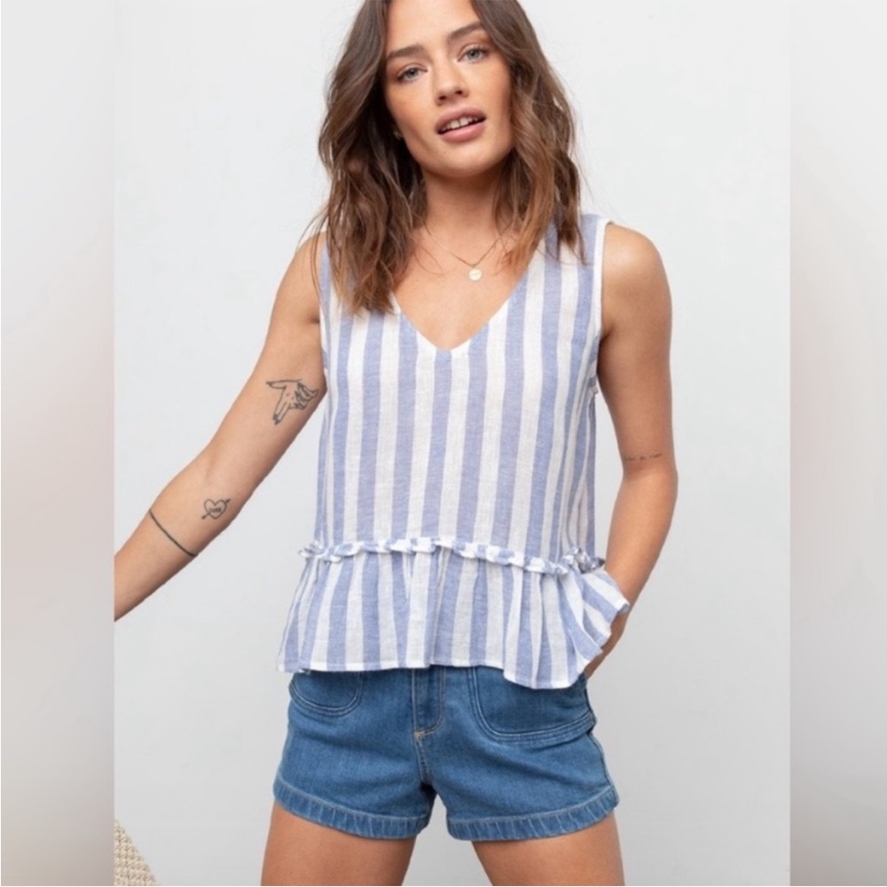 Rails Blue and White Ruffled Tank Top